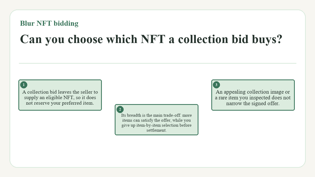 Can you choose which NFT a collection bid buys?: A collection bid leaves the seller to supply an eligible NFT, so it does not reserve your preferred item.; Its breadth is the main trade-off: more items can satisfy the offer, while you give up item-by-item selection before settlement.; An appealing collection image or a rare item you inspected does not narrow the signed offer.